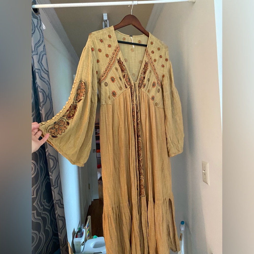 Embroidered Mustard Yellow Bohemian Duster Dress